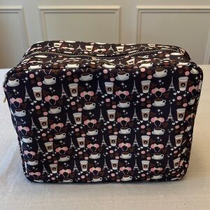 Black Travel Toiletry Bag with Disney Ears, Coffee and Eiffel Tower Print